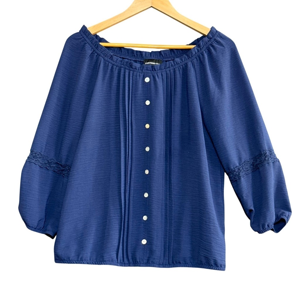 Womens Top Medium Blue Boho Coastal Feminine Romantic Cottagecore Peasant Office